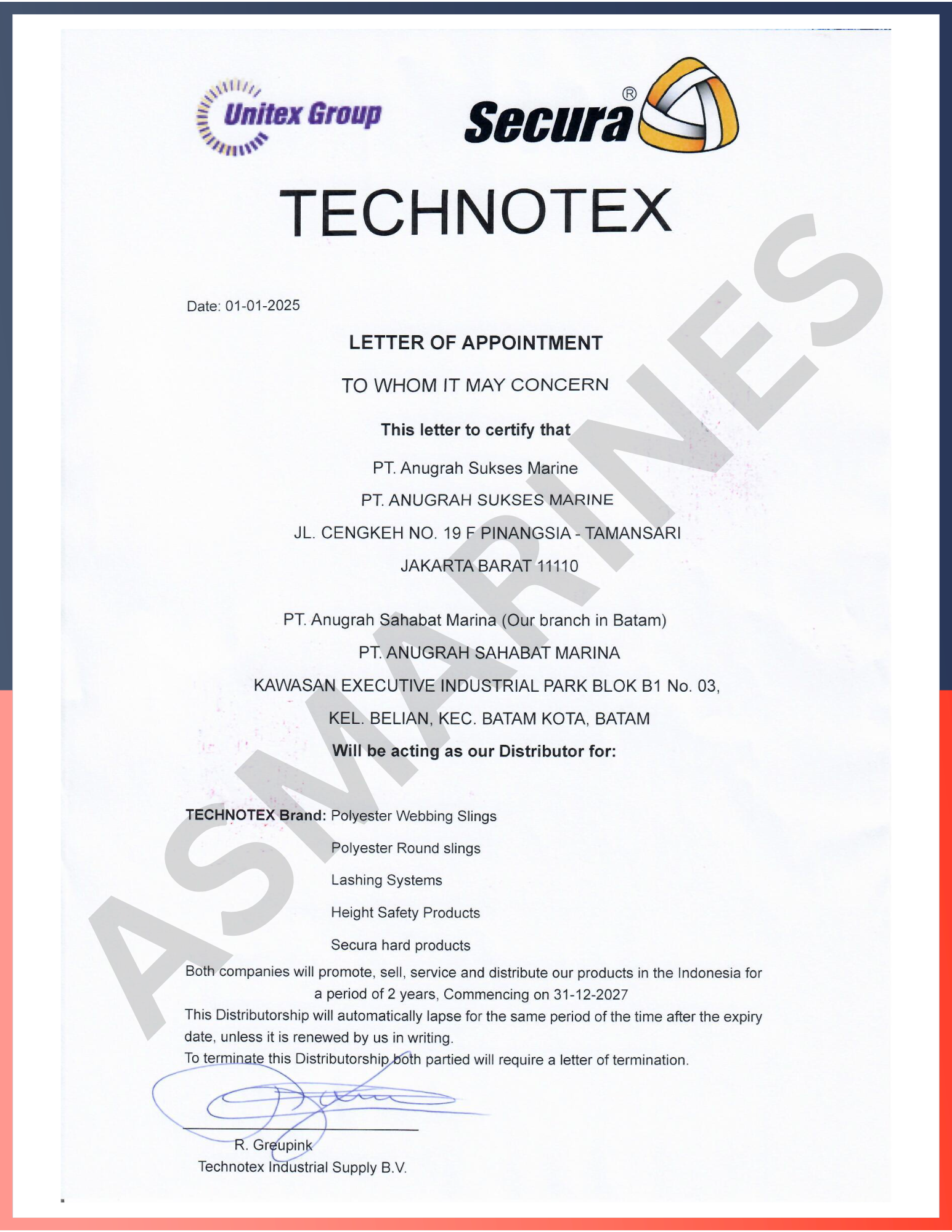 Agency Letter Unitex Group Technotex & Secura